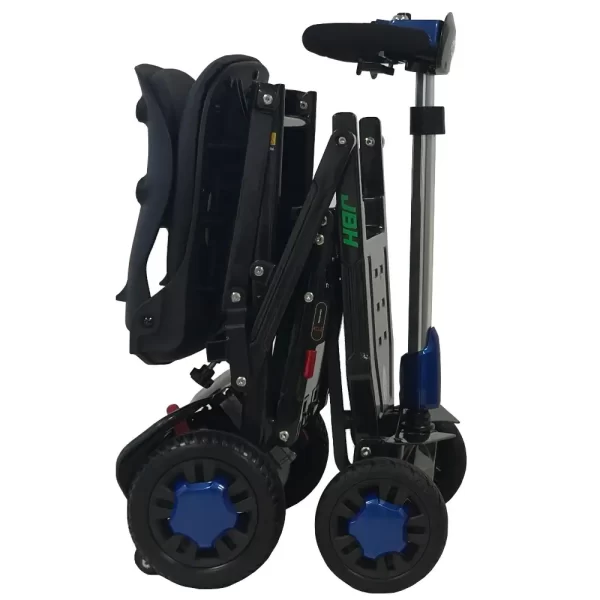 Side shot of folded up JBH CarbonLite lightweight portable mobility scooter in Blue